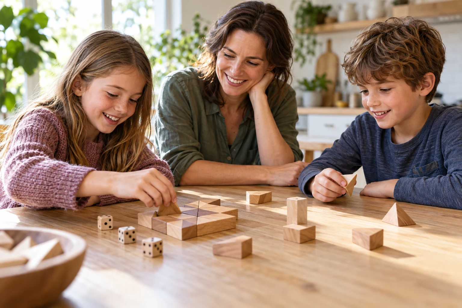 Family enjoying puzzles and dice at home