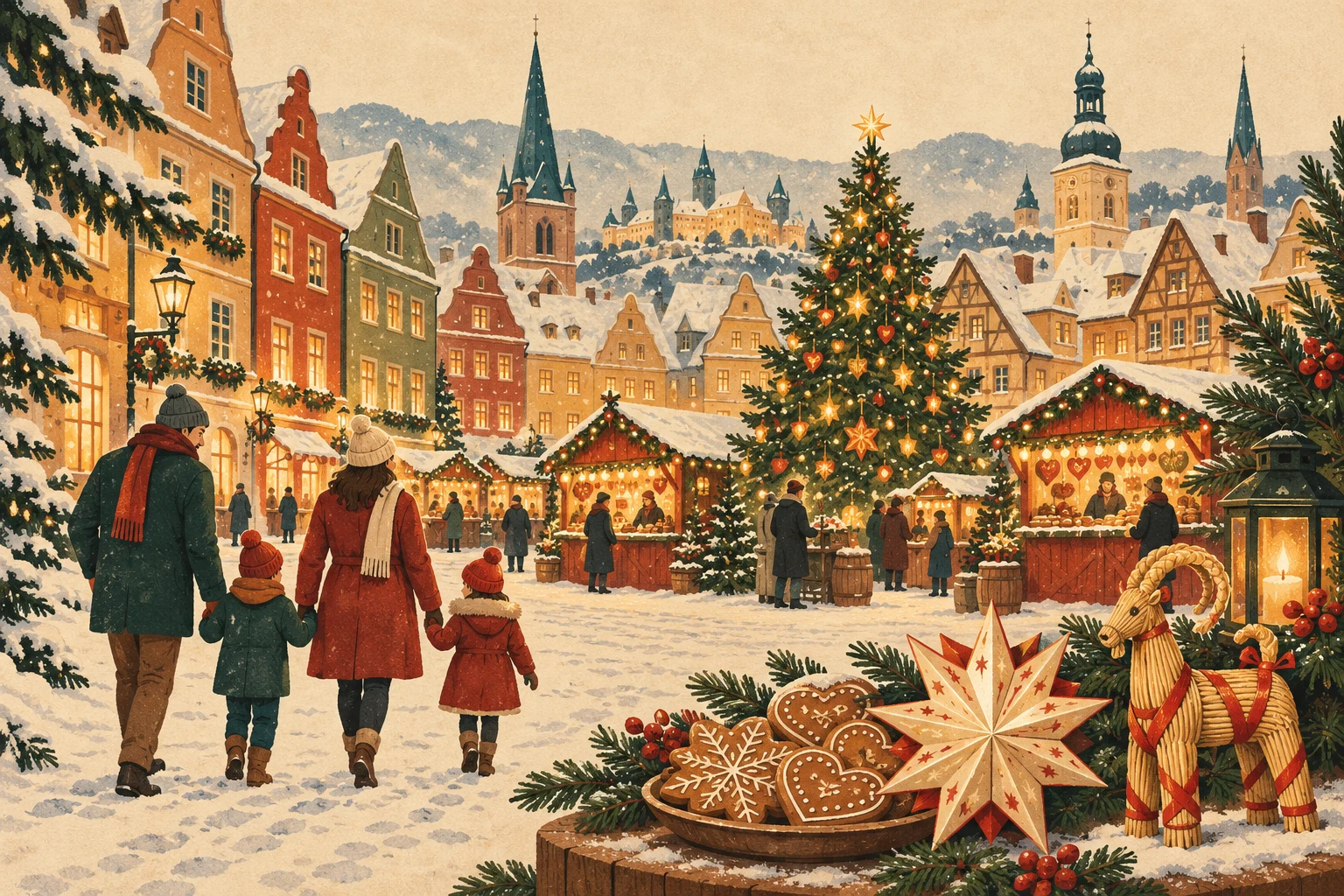 Retro European Christmas market in snow