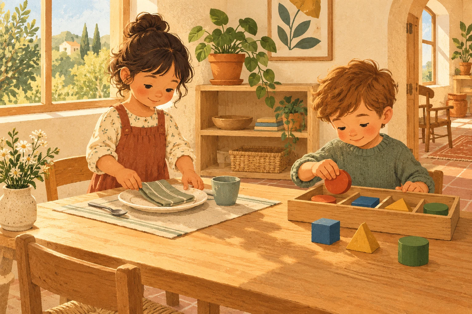 Children practising table setting and sorting wooden shapes in a cosy home