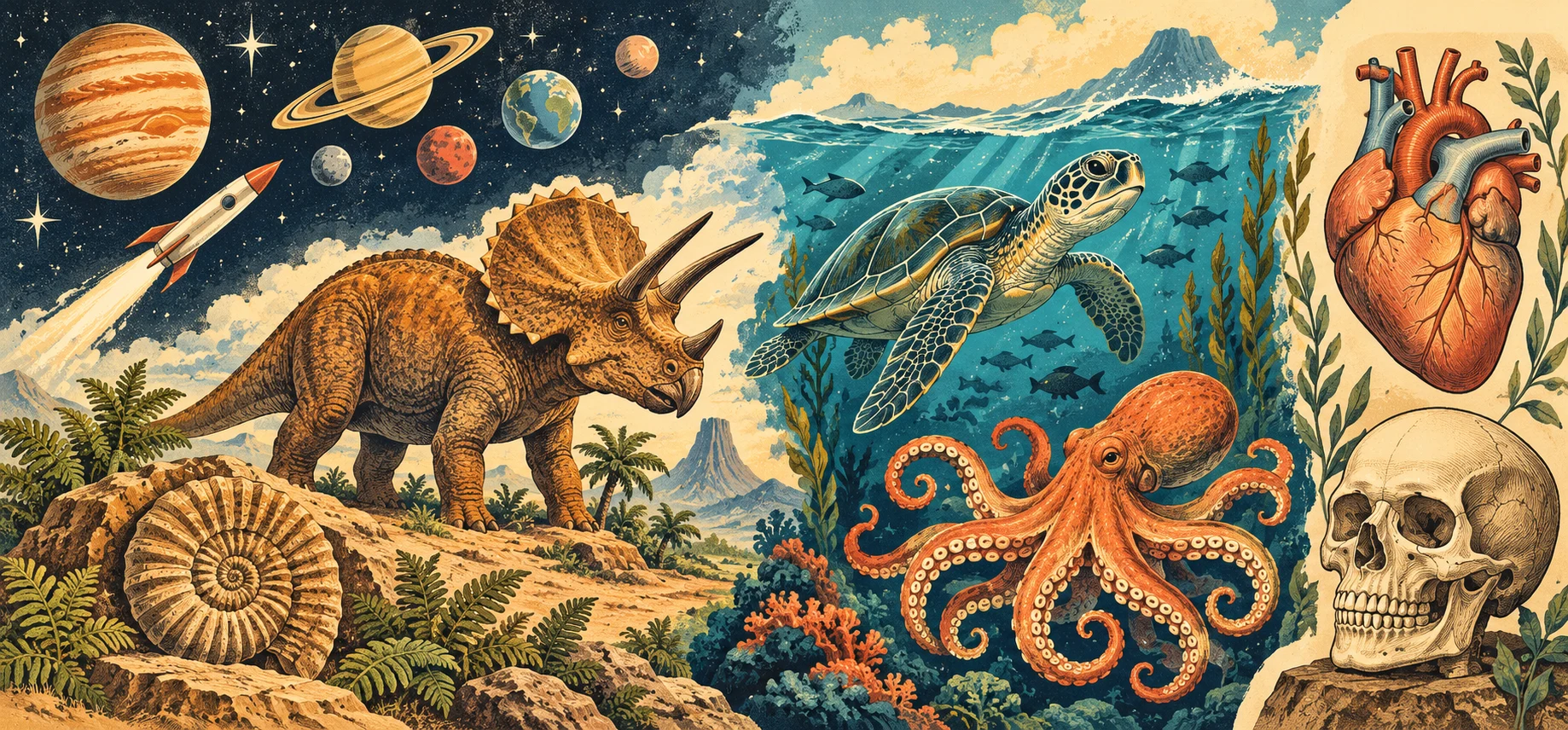 Retro Science Explorers illustration featuring space, dinosaurs, ocean animals and the human body